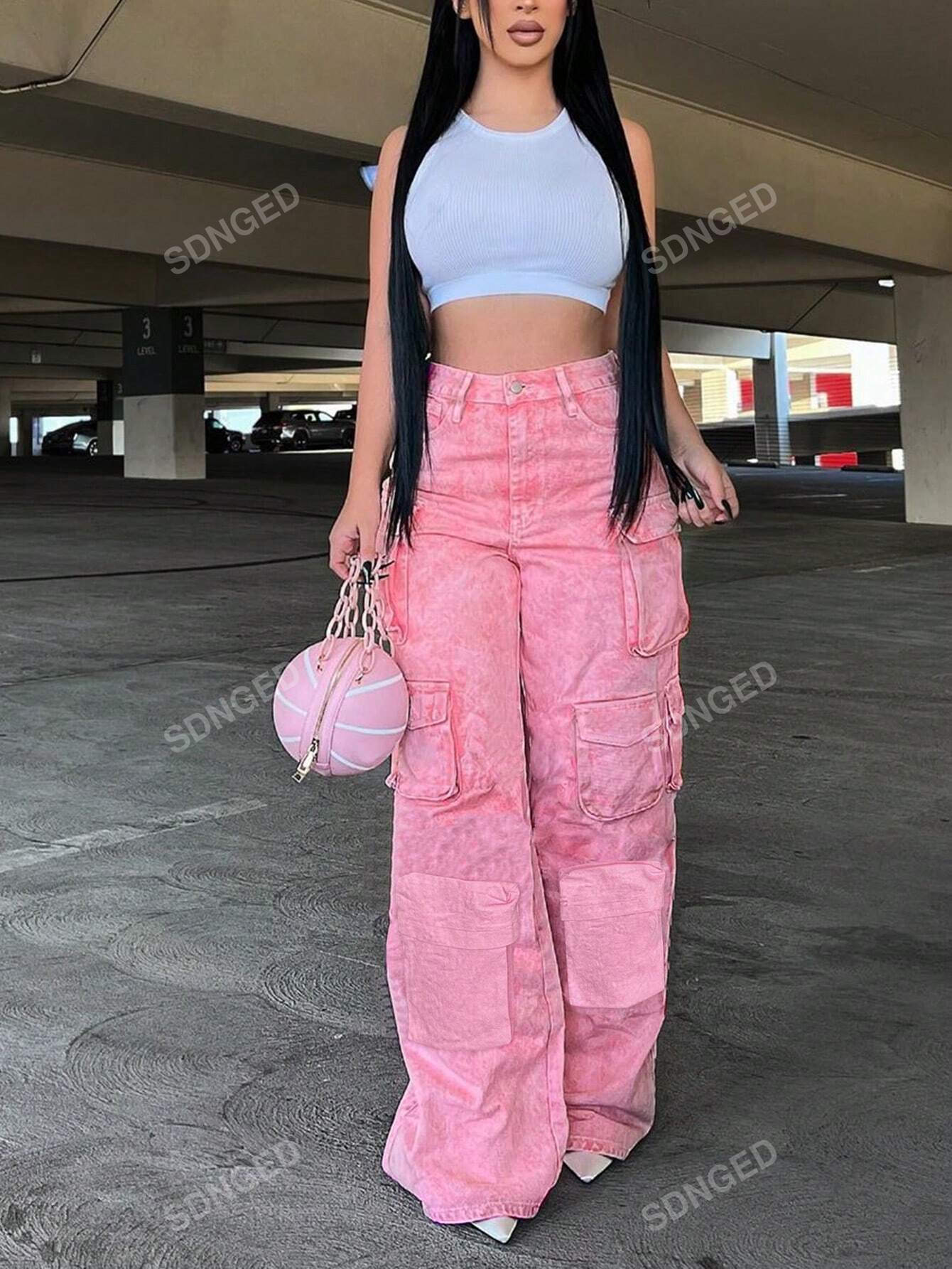 Faded Denim Pocket Washed Cargo Pants