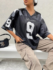 Street Racing Satin Letter Star Print Oversized Jersey