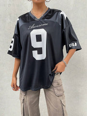 Street Racing Satin Letter Star Print Oversized Jersey