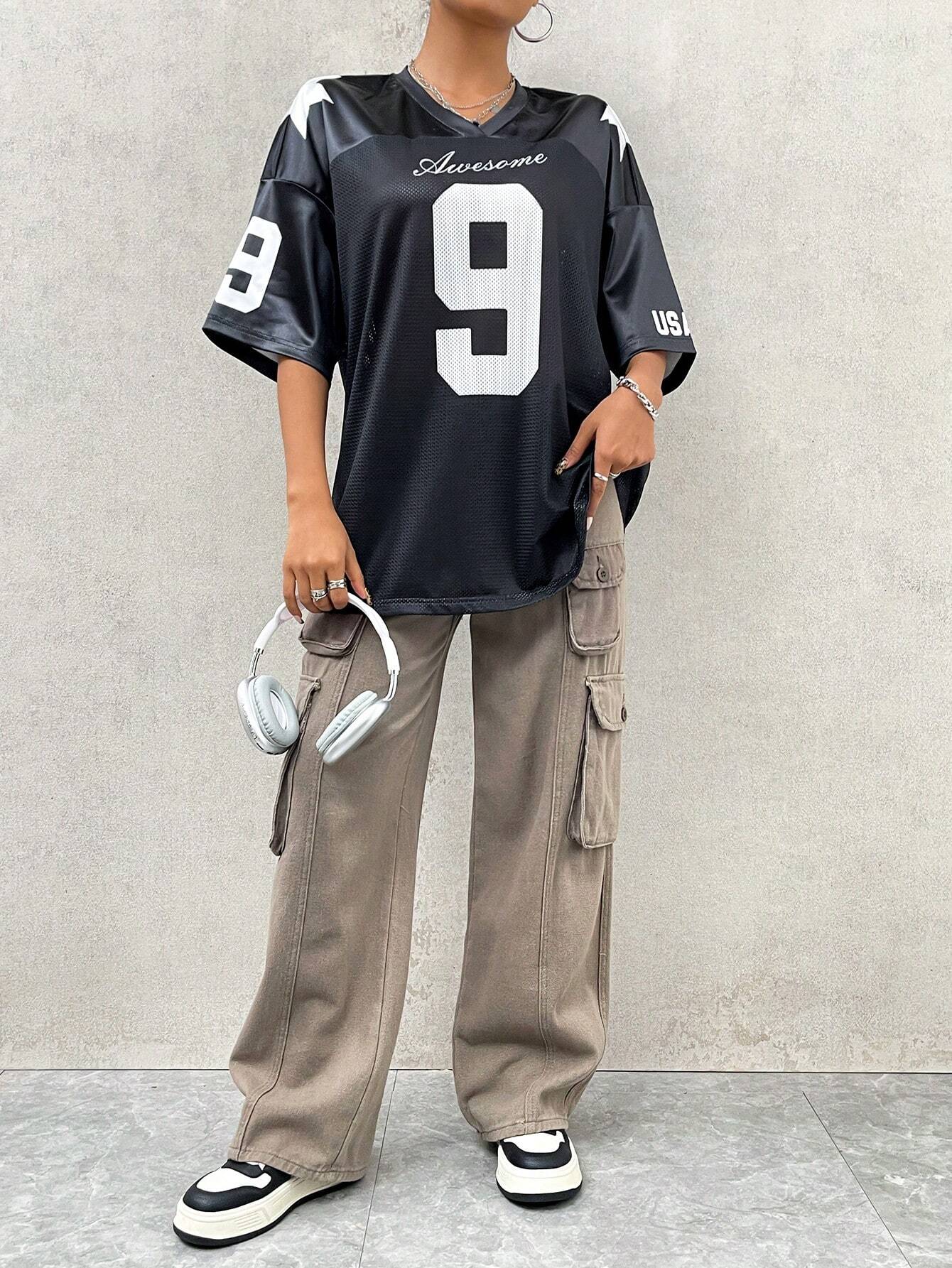 Street Racing Satin Letter Star Print Oversized Jersey