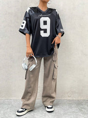 Street Racing Satin Letter Star Print Oversized Jersey
