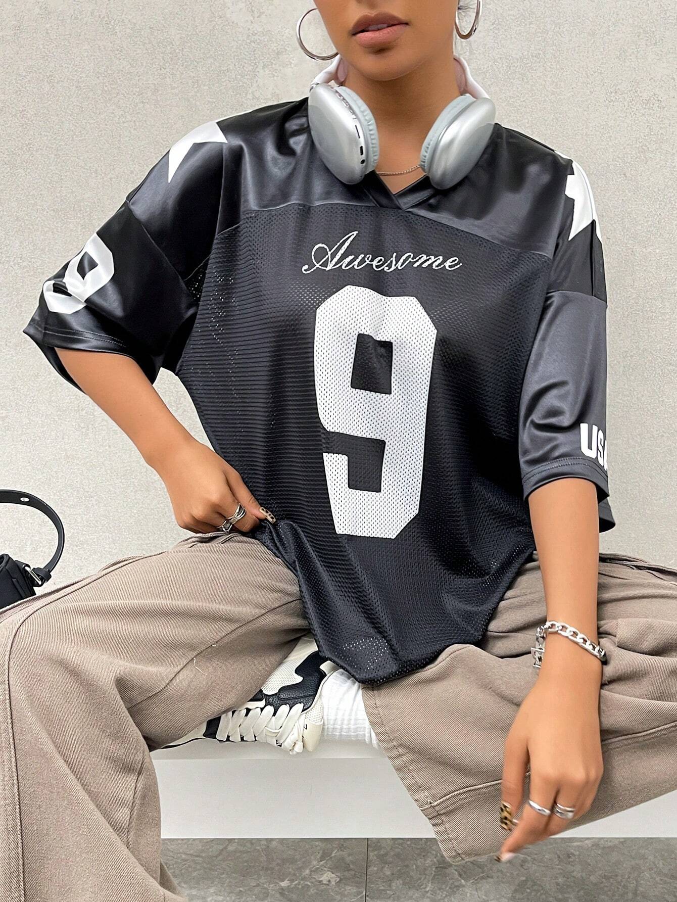 Street Racing Satin Letter Star Print Oversized Jersey