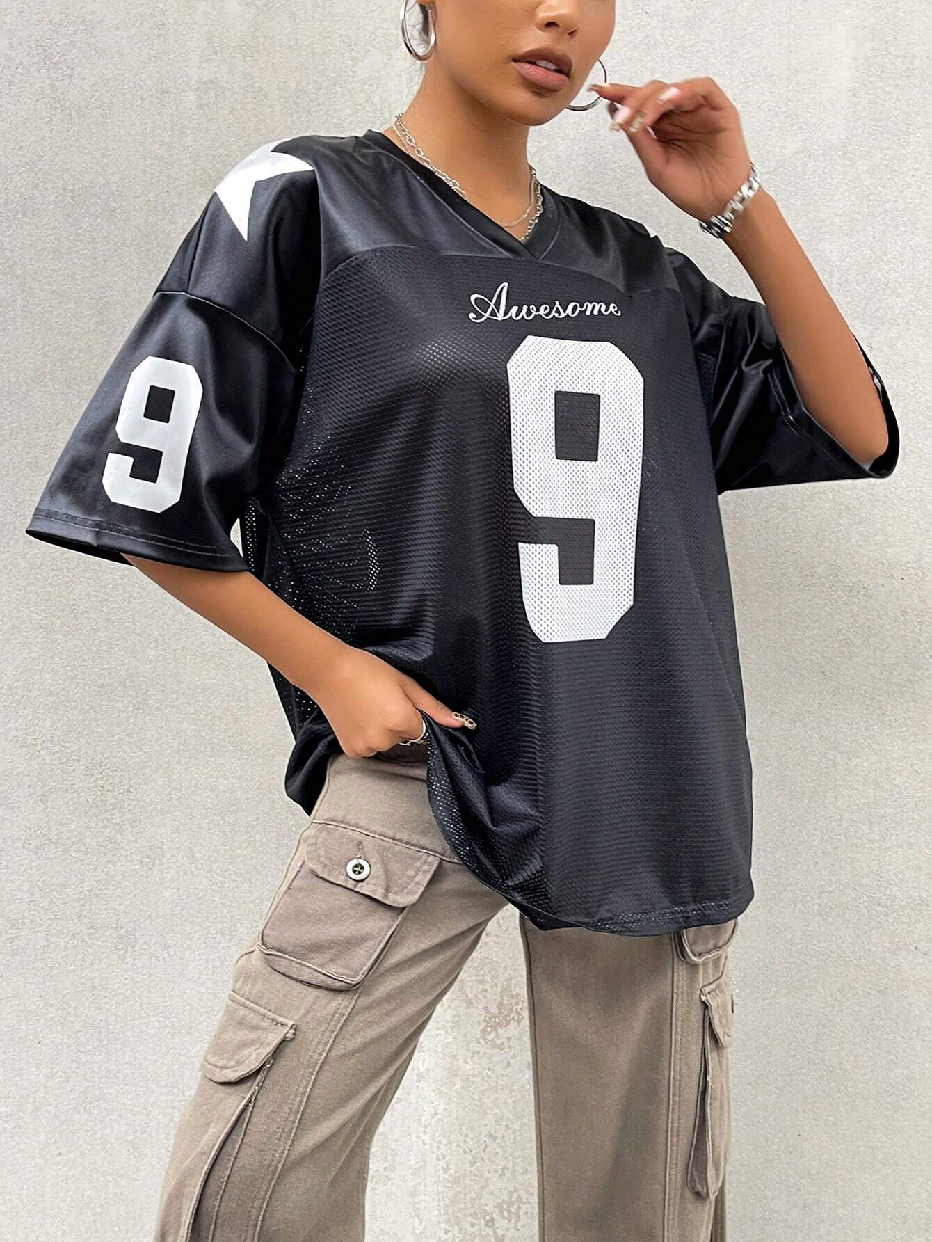 Street Racing Satin Letter Star Print Oversized Jersey