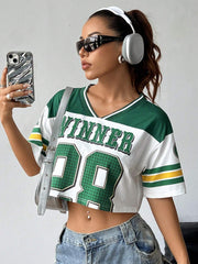 Color-Block Short Ribbed Sporty T-Shirt