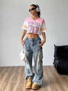 Color-Block Short Ribbed Sporty T-Shirt