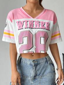 Color-Block Short Ribbed Sporty T-Shirt