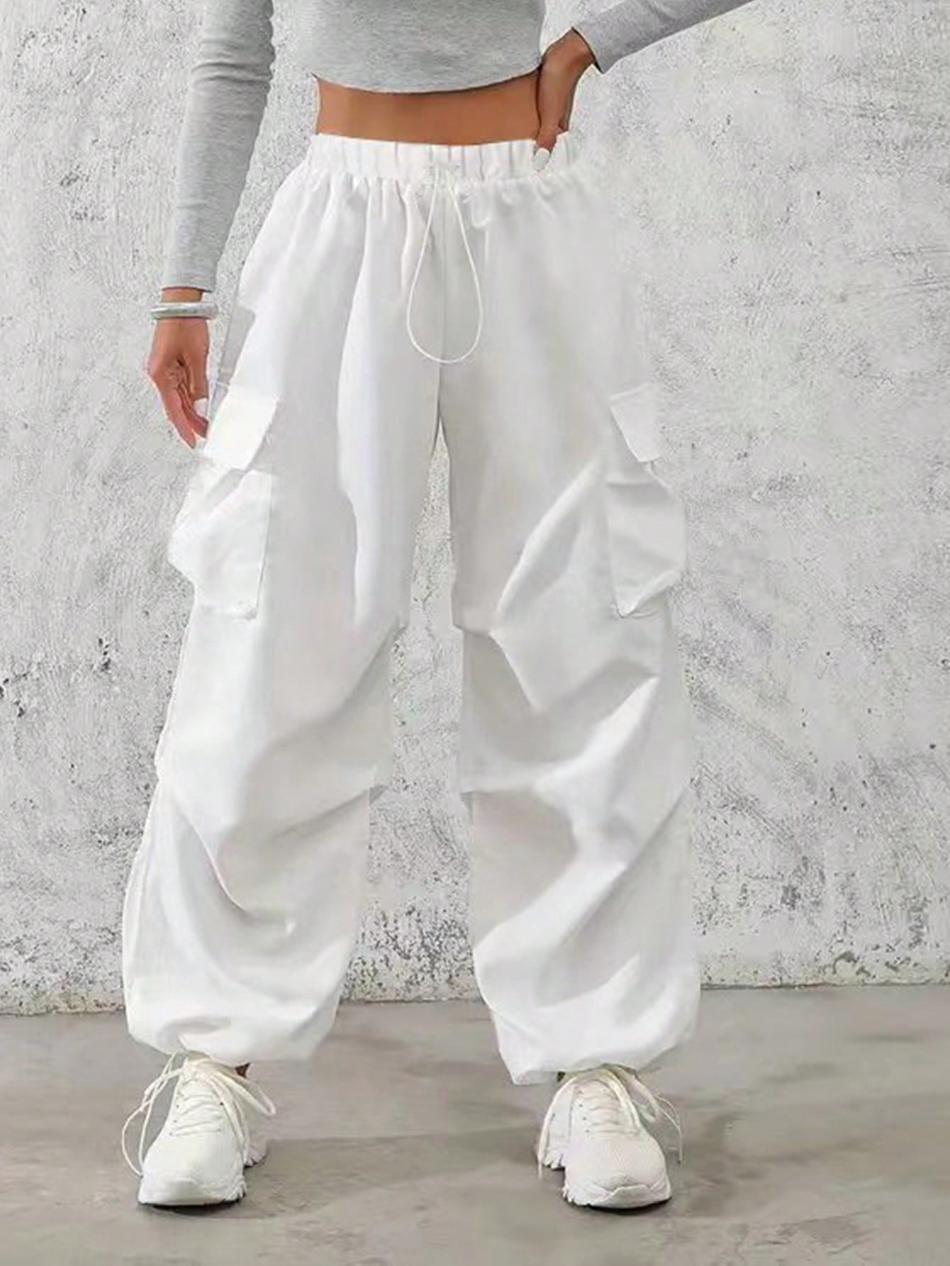 Plain Drawstring Wide Leg Pants With Flap Pockets