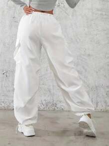 Plain Drawstring Wide Leg Pants With Flap Pockets