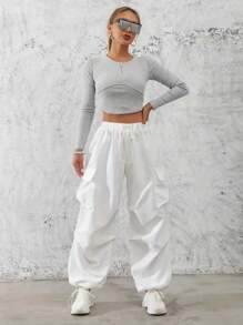 Plain Drawstring Wide Leg Pants With Flap Pockets