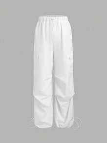 Plain Drawstring Wide Leg Pants With Flap Pockets
