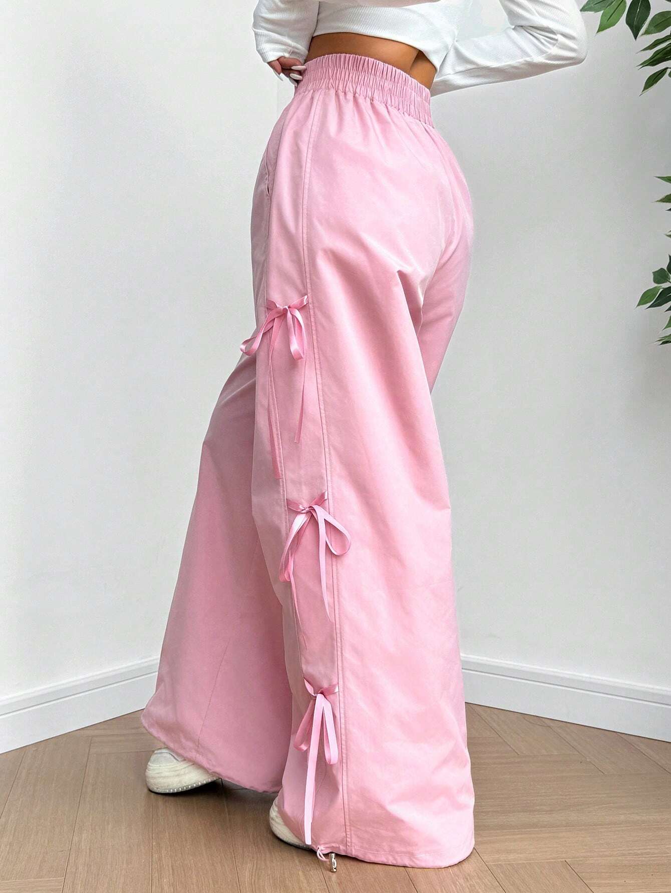 Elastic Waist Tie-Belted Pants With Pockets And Bowknot