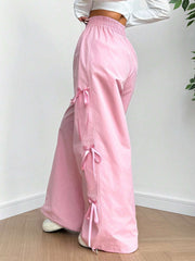 Elastic Waist Tie-Belted Pants With Pockets And Bowknot