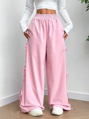 Elastic Waist Tie-Belted Pants With Pockets And Bowknot
