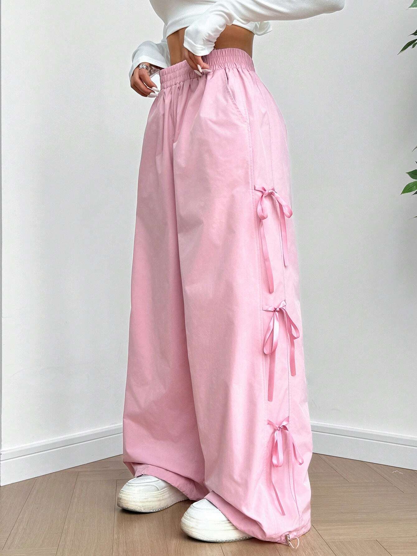 Elastic Waist Tie-Belted Pants With Pockets And Bowknot