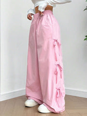Elastic Waist Tie-Belted Pants With Pockets And Bowknot