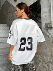 V-Neck Knitted Striped Number Printed Drop Shoulder Loose T-Shirt