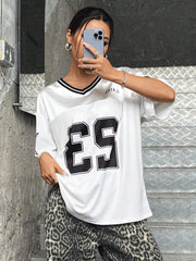 V-Neck Knitted Striped Number Printed Drop Shoulder Loose T-Shirt