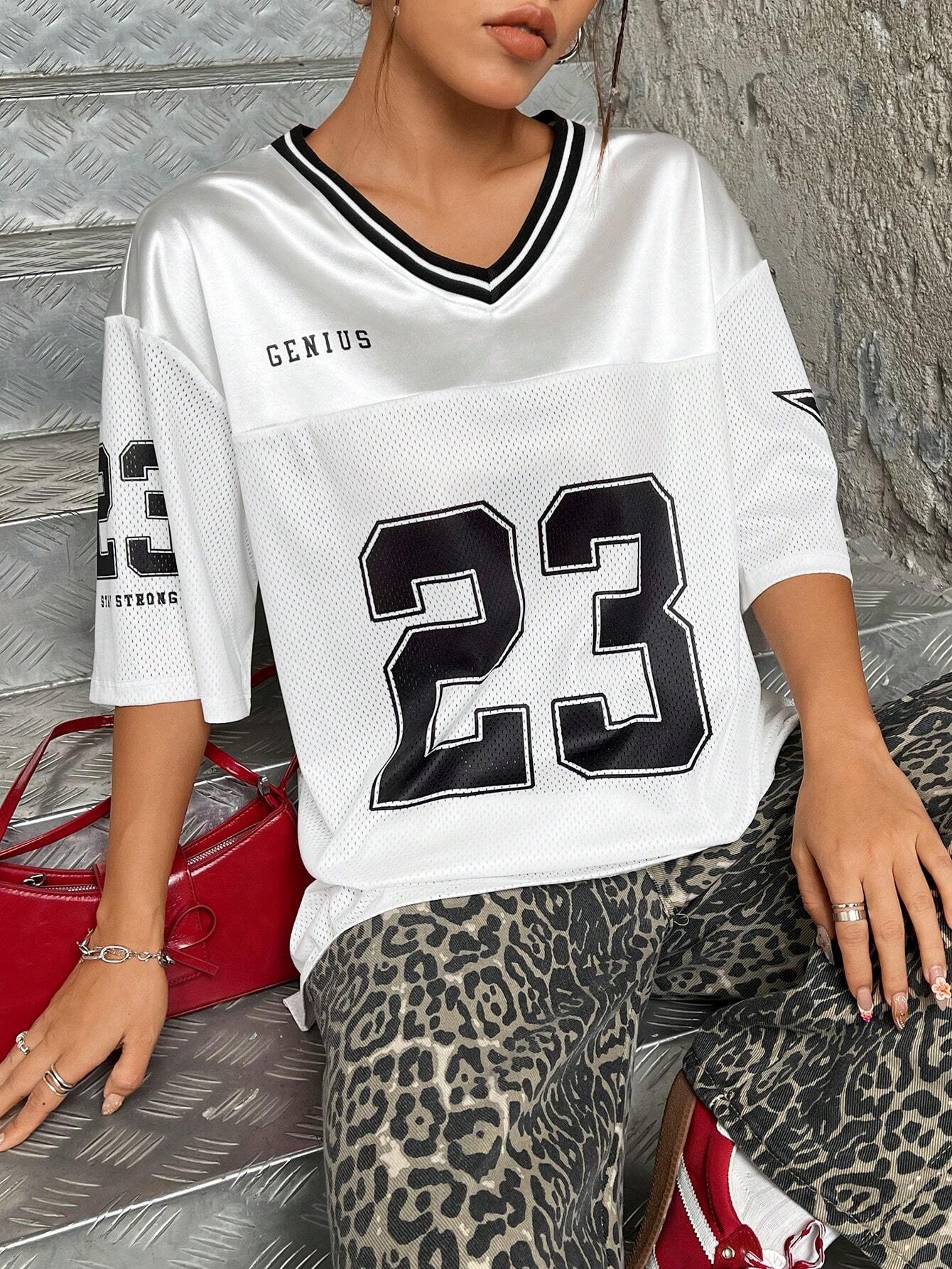 V-Neck Knitted Striped Number Printed Drop Shoulder Loose T-Shirt
