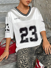 V-Neck Knitted Striped Number Printed Drop Shoulder Loose T-Shirt