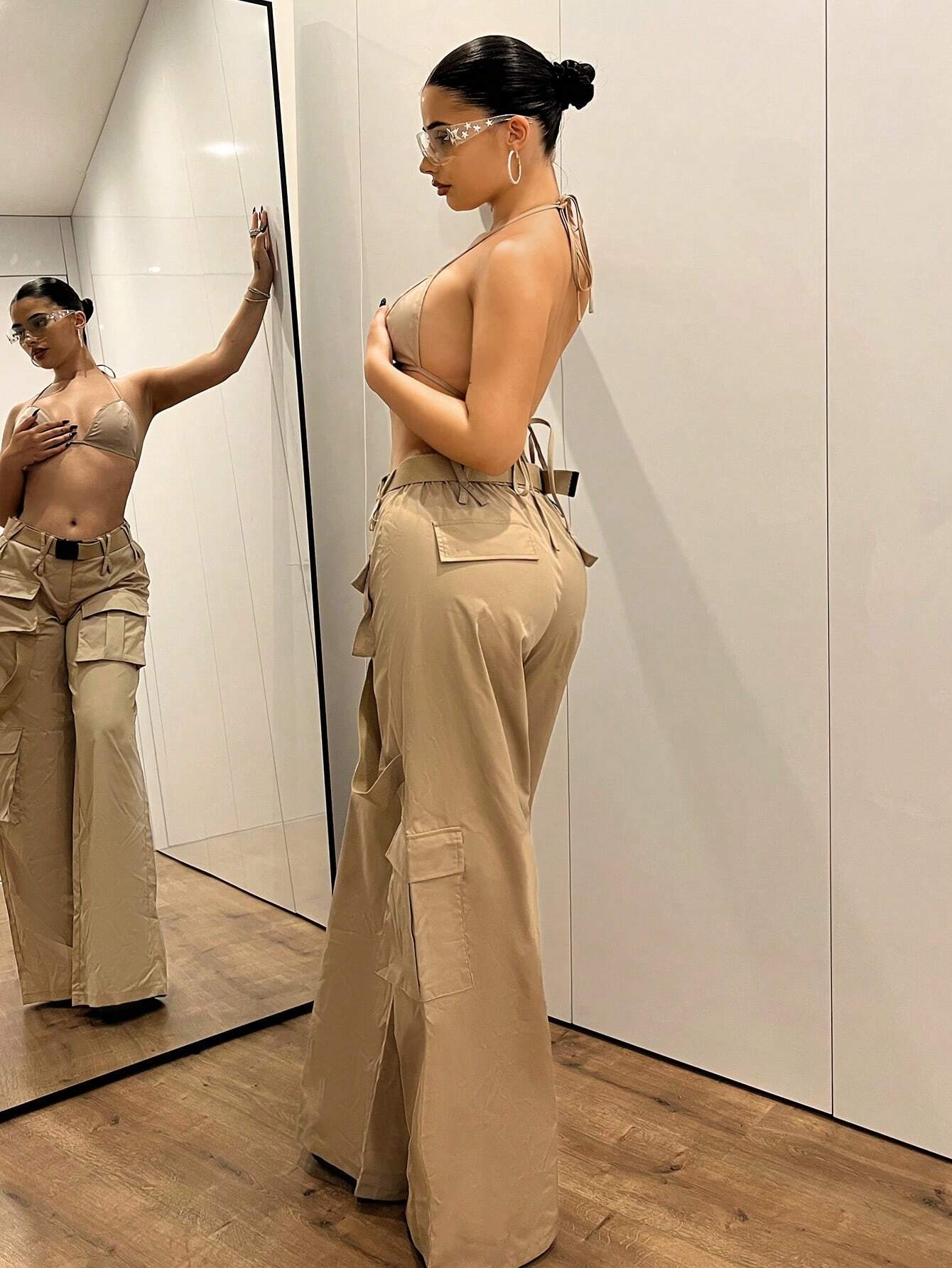 Low-Waisted Crossed Double-Layered Cargo Wide Leg Pants