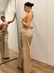 Low-Waisted Crossed Double-Layered Cargo Wide Leg Pants
