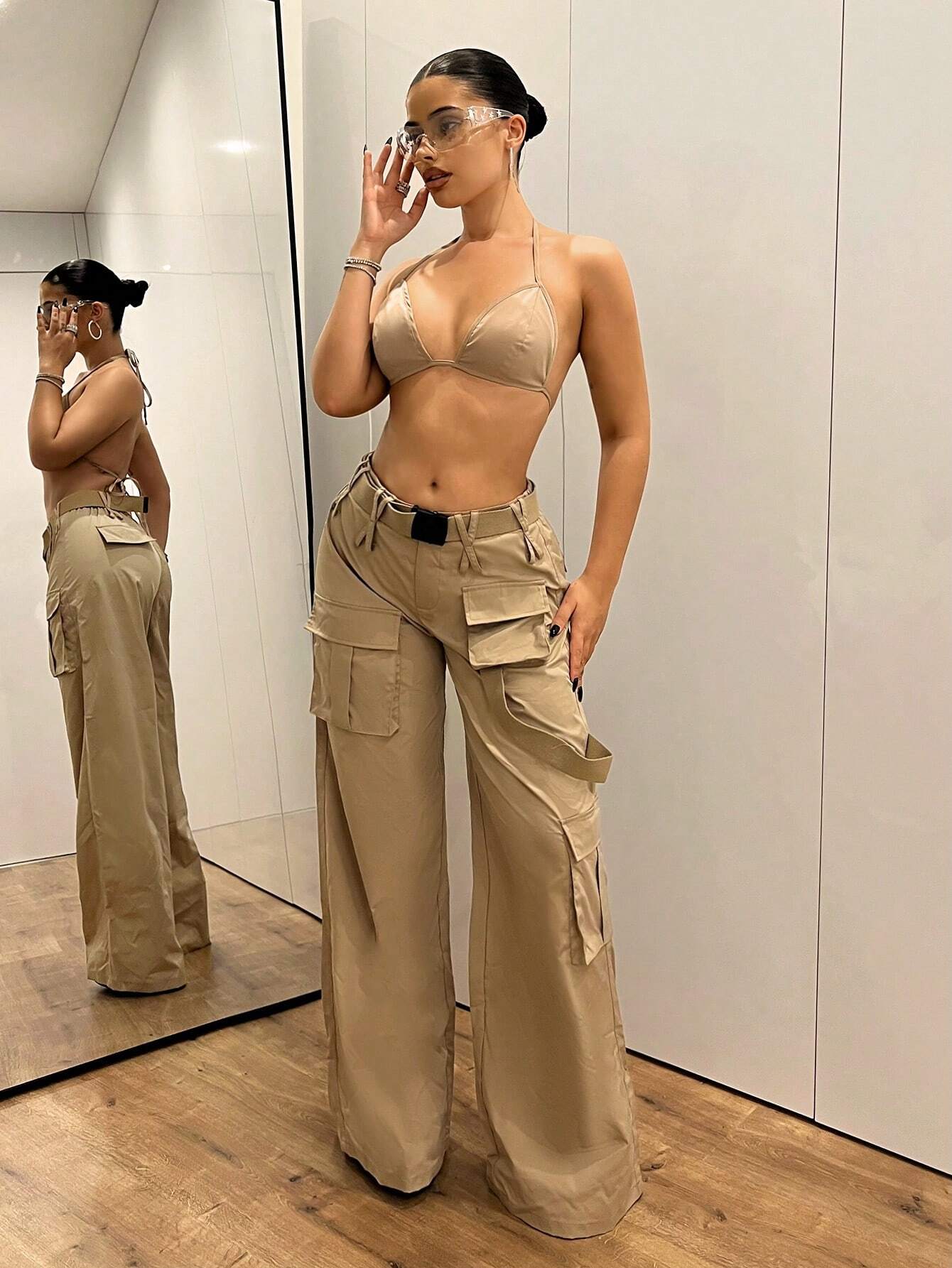 Low-Waisted Crossed Double-Layered Cargo Wide Leg Pants