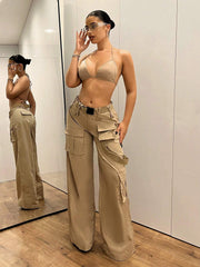 Low-Waisted Crossed Double-Layered Cargo Wide Leg Pants