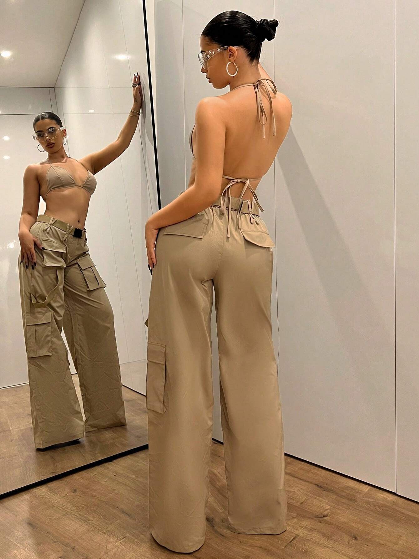 Low-Waisted Crossed Double-Layered Cargo Wide Leg Pants
