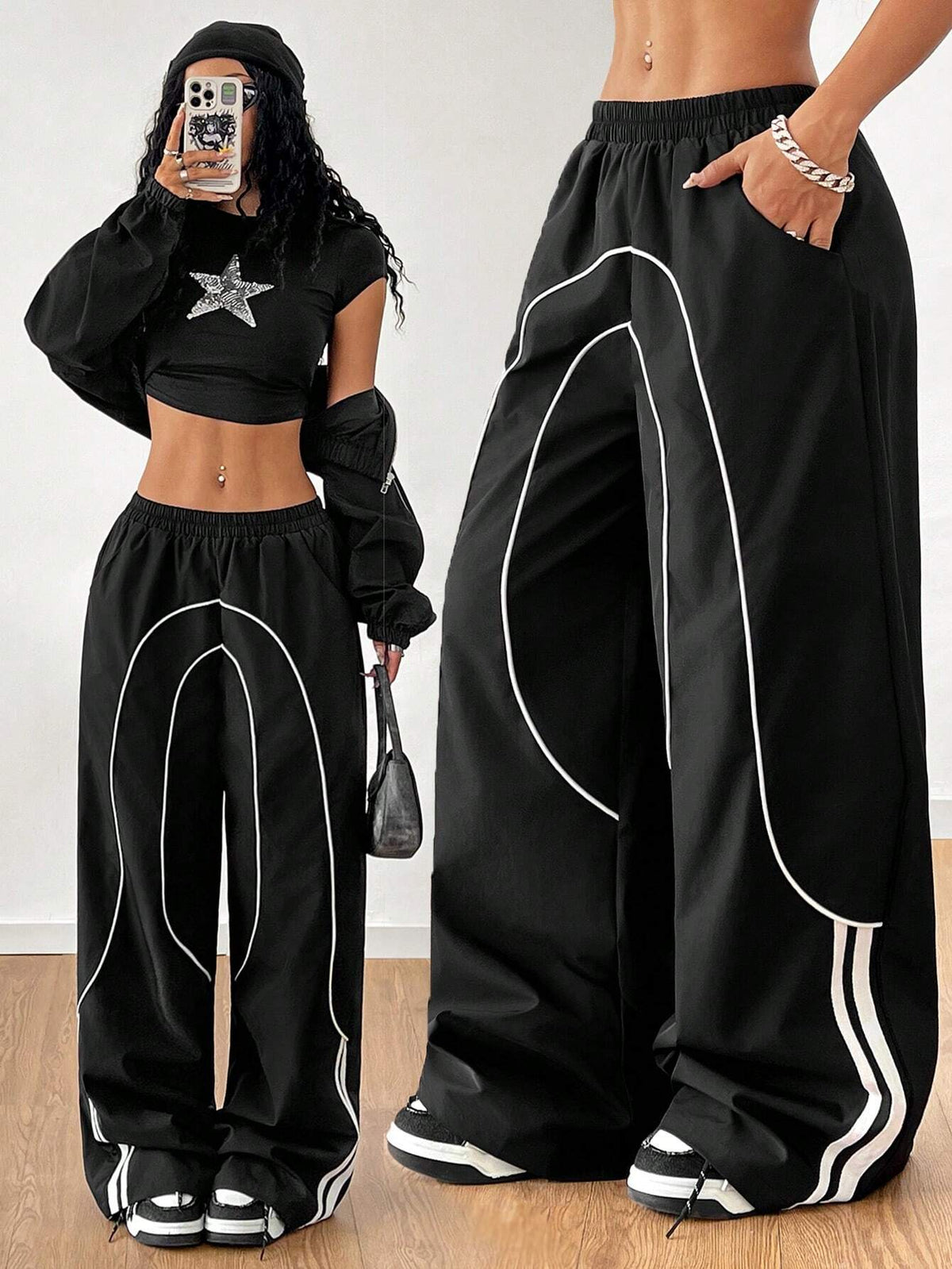 Woven Tape  Wide Leg Sweatpants Joggers