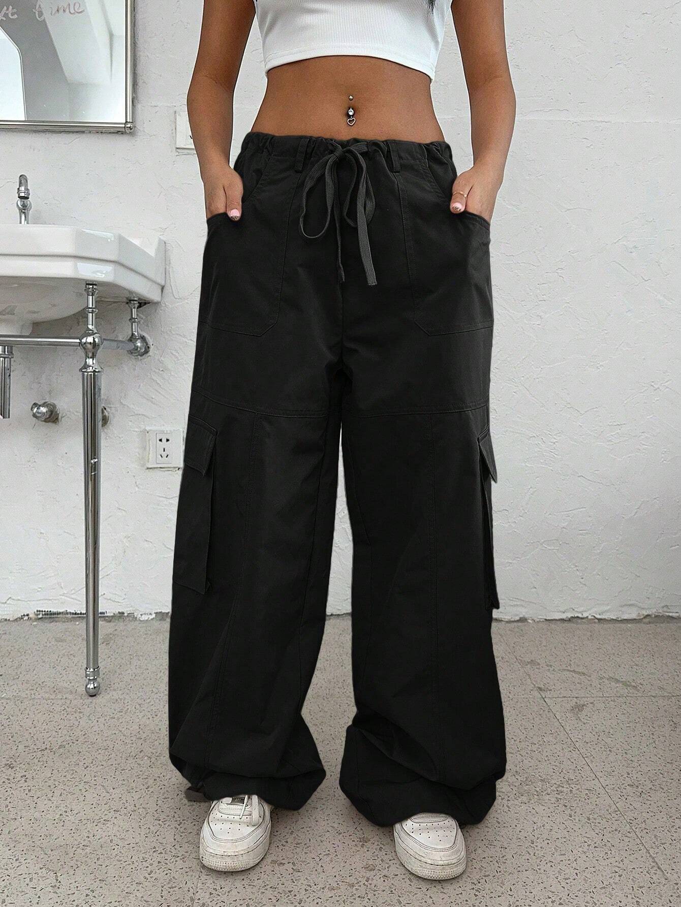 Drawstring Baggy Wide-Leg Parachute Pants