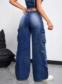 Front Button Pocket  Star Frayed Hem Jeans