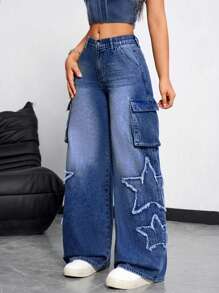 Front Button Pocket  Star Frayed Hem Jeans