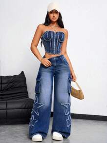 Front Button Pocket  Star Frayed Hem Jeans