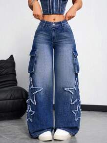 Front Button Pocket  Star Frayed Hem Jeans