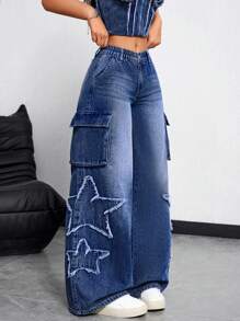 Front Button Pocket  Star Frayed Hem Jeans