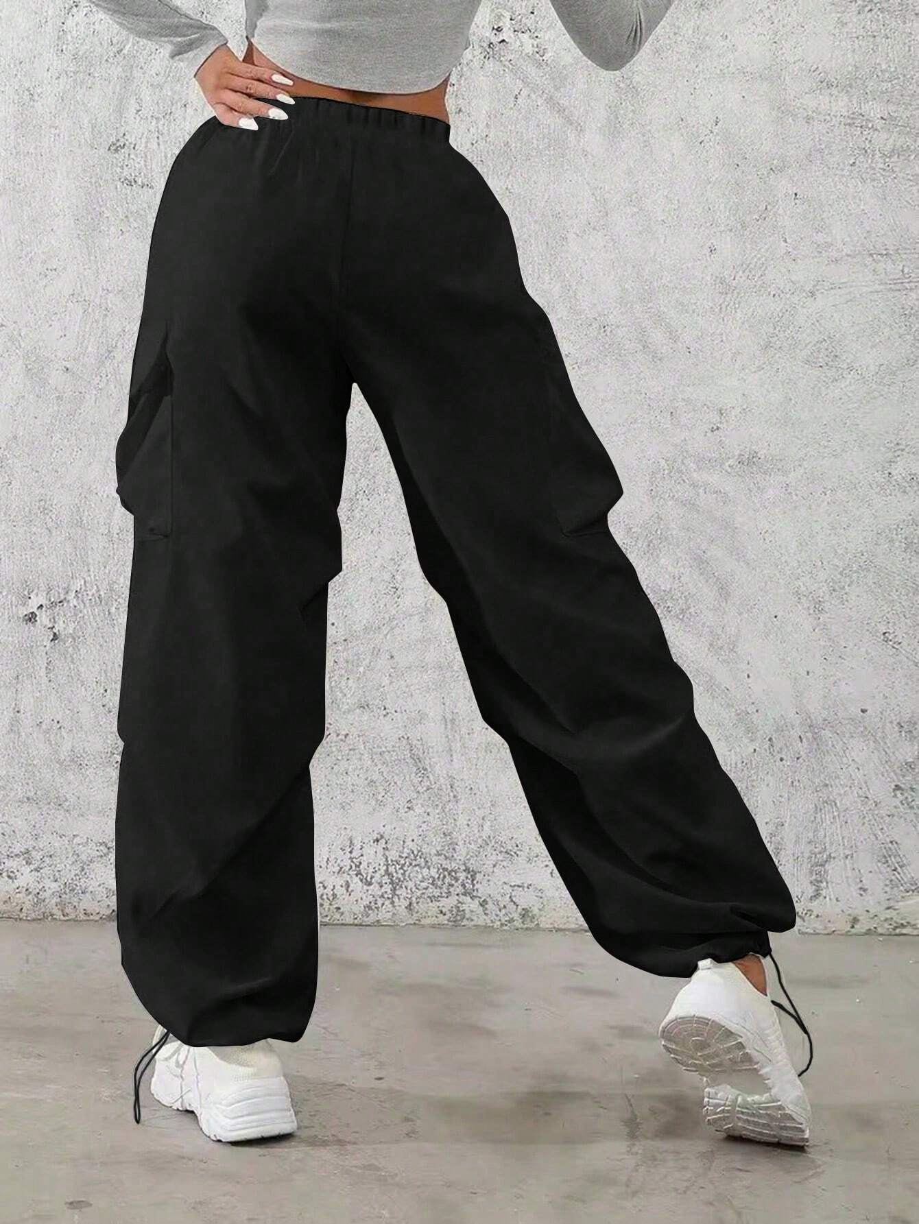 Plain Drawstring Wide Leg Pants With Flap Pockets