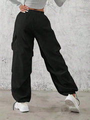 Plain Drawstring Wide Leg Pants With Flap Pockets