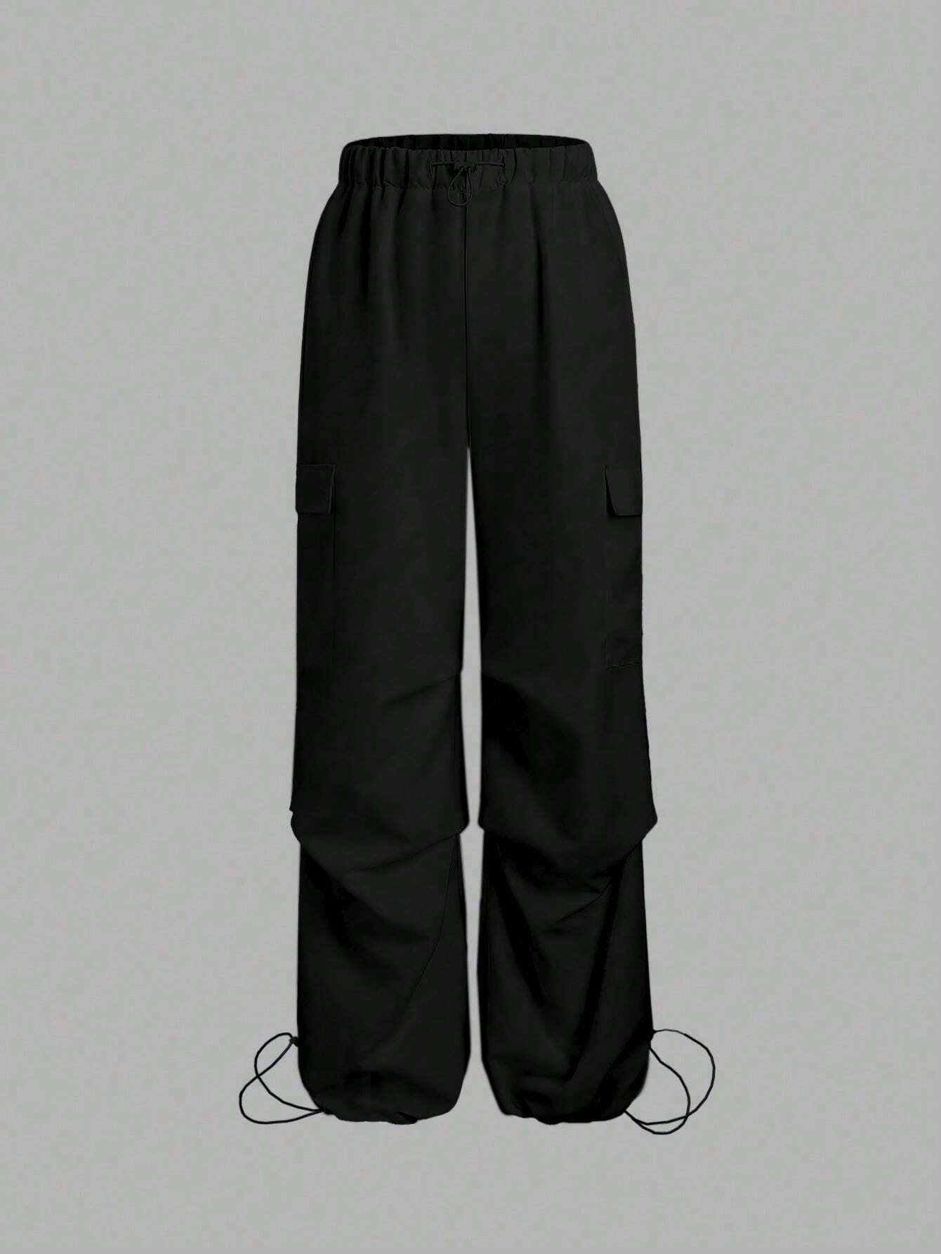 Plain Drawstring Wide Leg Pants With Flap Pockets