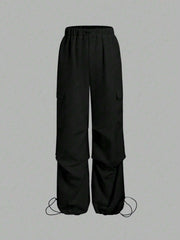Plain Drawstring Wide Leg Pants With Flap Pockets