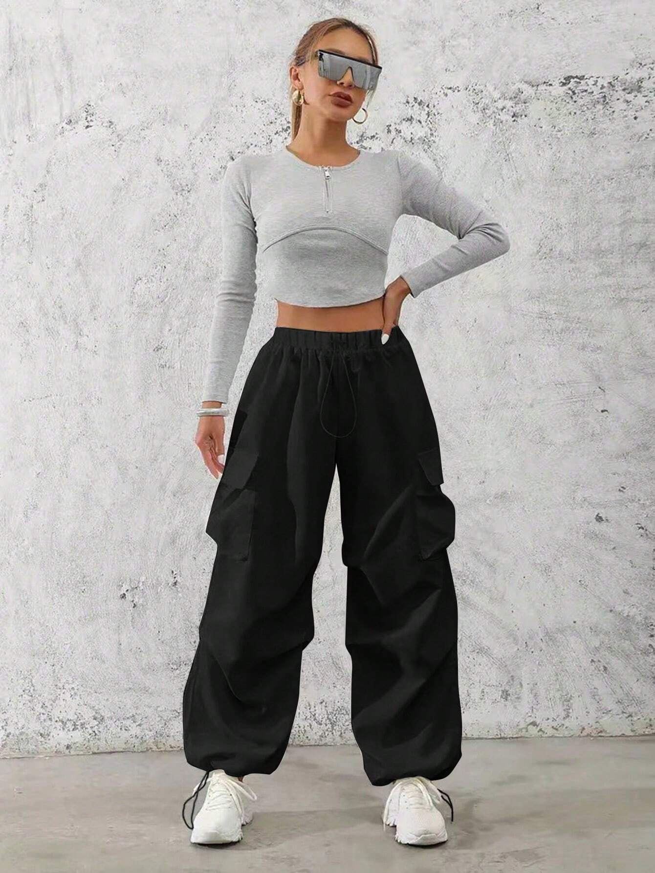 Plain Drawstring Wide Leg Pants With Flap Pockets
