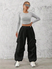 Plain Drawstring Wide Leg Pants With Flap Pockets