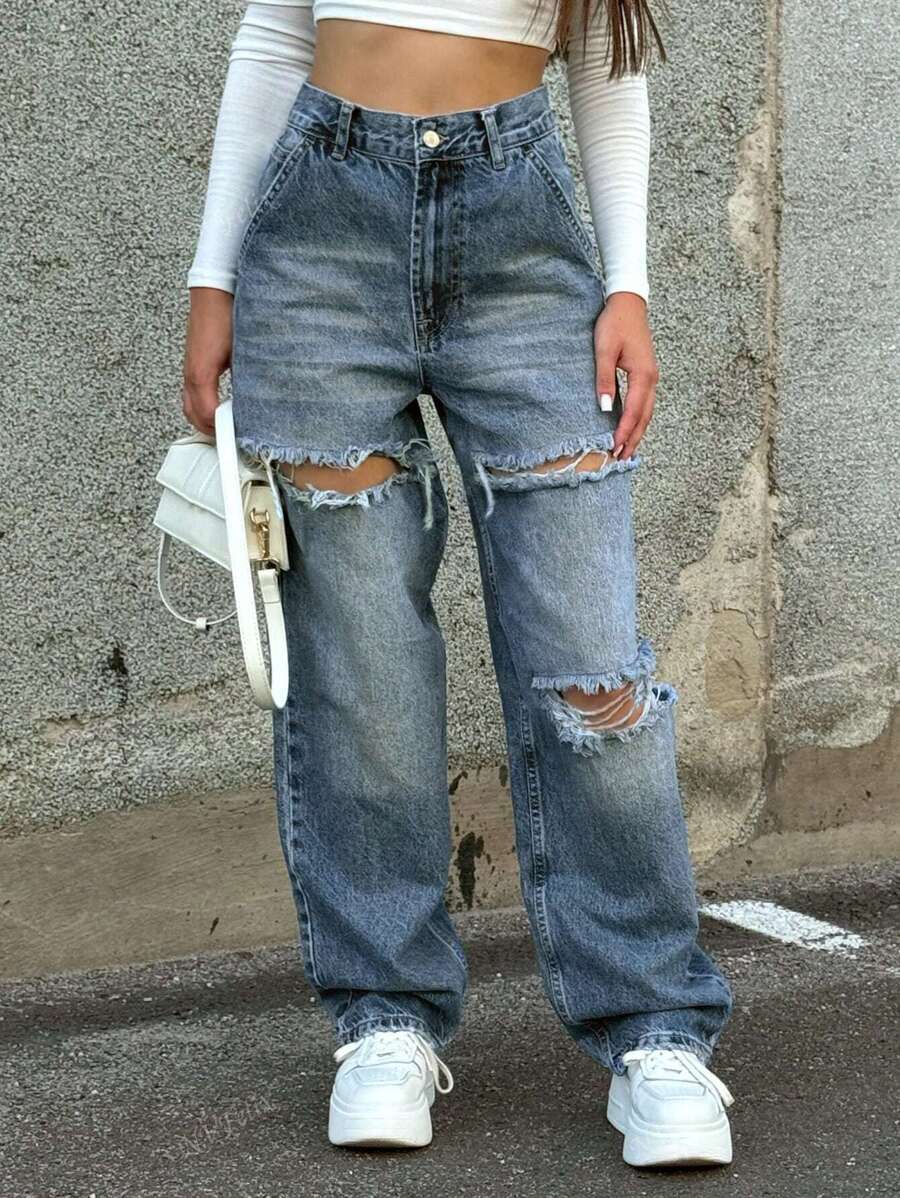 Street Ripped Design Straight Jeans