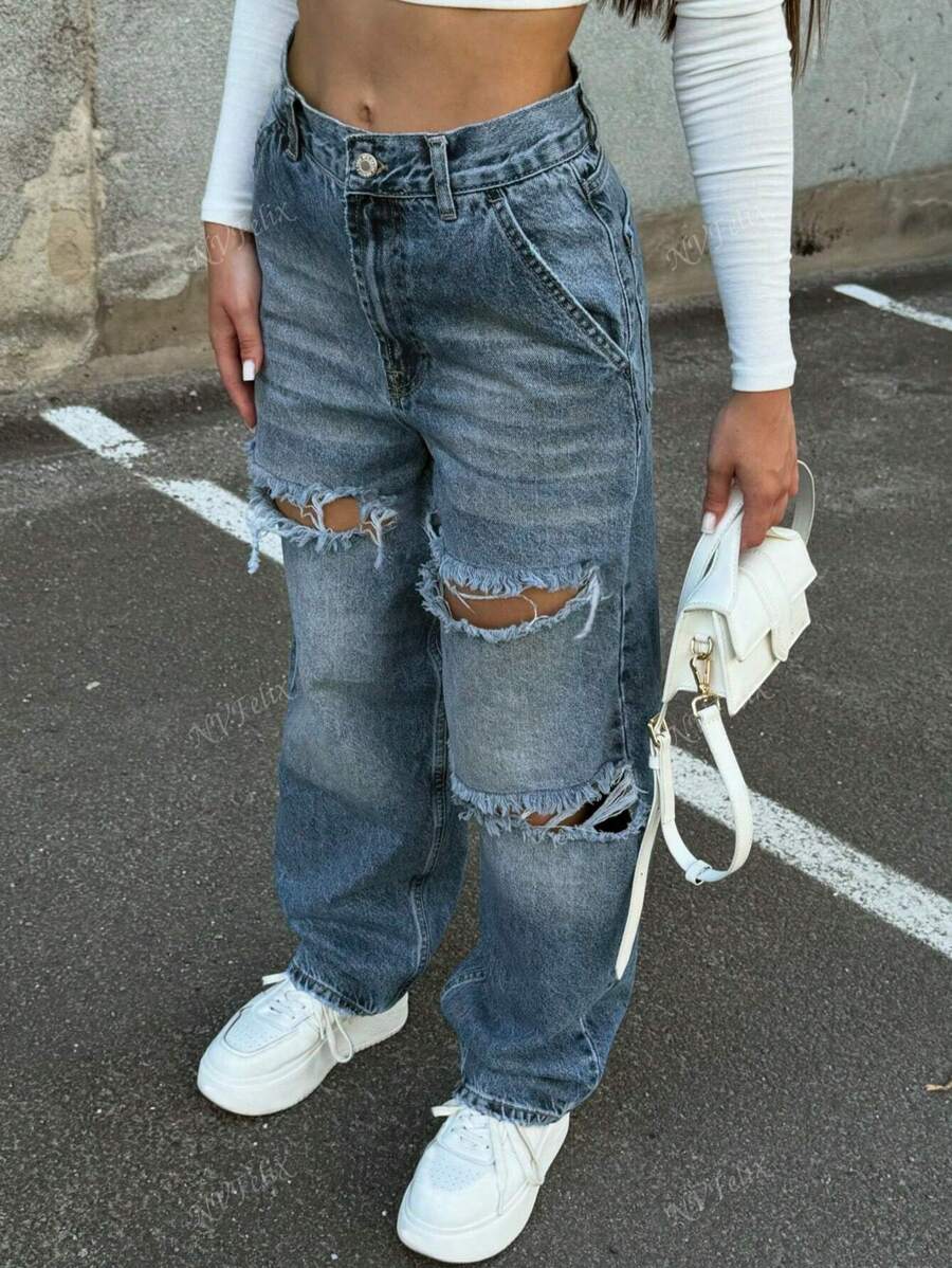 Street Ripped Design Straight Jeans