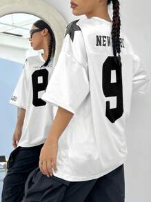 Street Racing Satin Letter Star Print Oversized Jersey