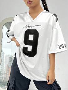 Street Racing Satin Letter Star Print Oversized Jersey