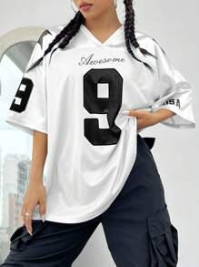 Street Racing Satin Letter Star Print Oversized Jersey