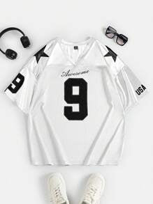 Street Racing Satin Letter Star Print Oversized Jersey
