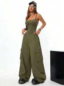 Spaghetti Strap Jumpsuit And Loose Cargo Pants Set