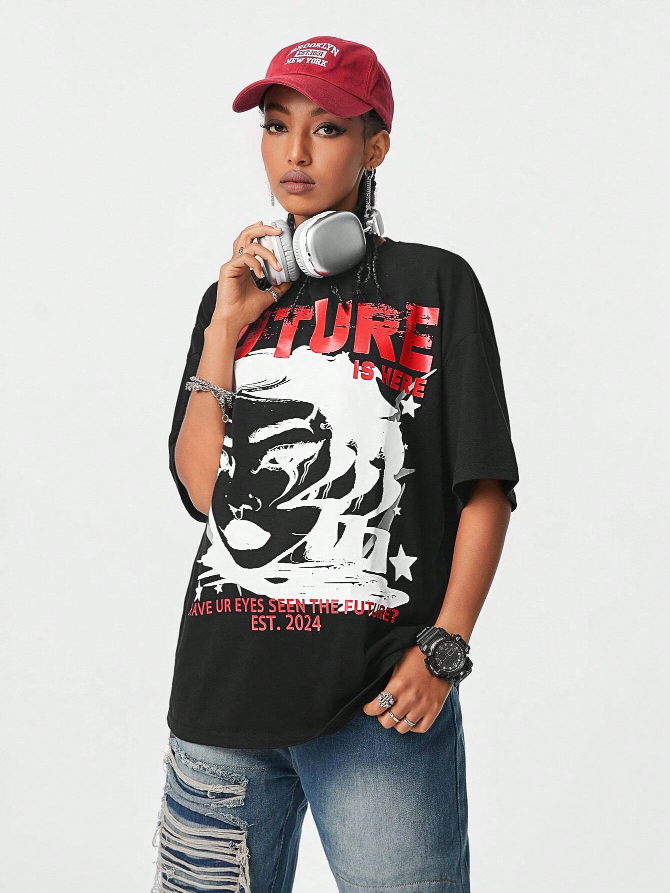 Hip-Hop Oversized Drop Shoulder Blurred Portrait Graphic Print T-Shirt
