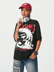 Hip-Hop Oversized Drop Shoulder Blurred Portrait Graphic Print T-Shirt